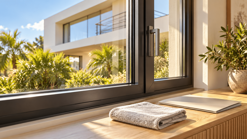 Illustrative window handle, soft cloth, and care folder beside a clean residential window.