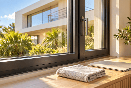 Illustrative window handle, soft cloth, and care folder beside a clean residential window.