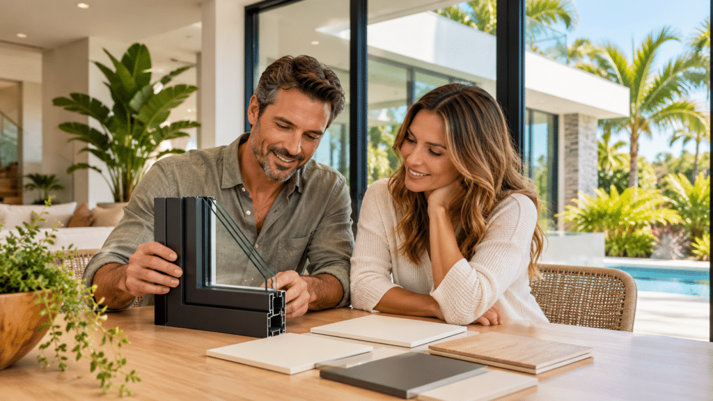 Illustrative homeowners considering a window frame sample and finish choices.