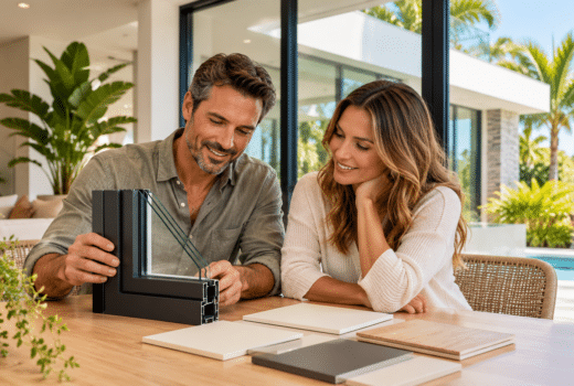 Illustrative homeowners considering a window frame sample and finish choices.