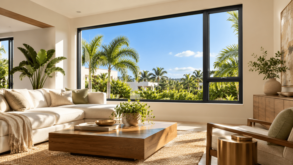 Illustrative South Florida living room with large dark-framed windows and palm views.