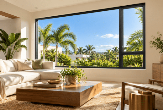 Illustrative South Florida living room with large dark-framed windows and palm views.